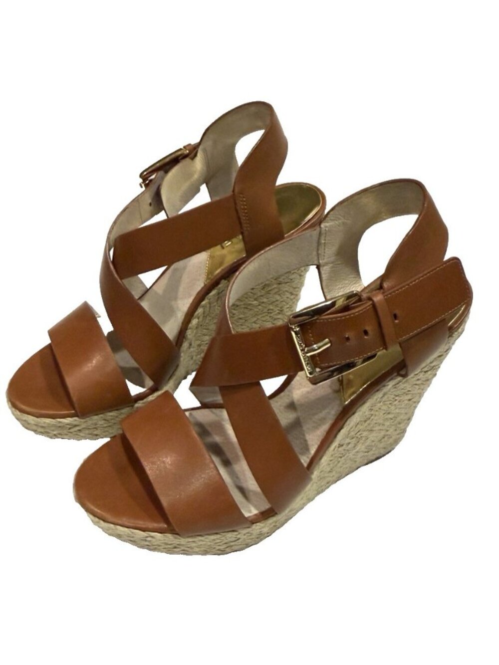 Michael Michael Kors Giovanna Wedge Leather Sandals Heels Raffia Strappy Sz 6.5